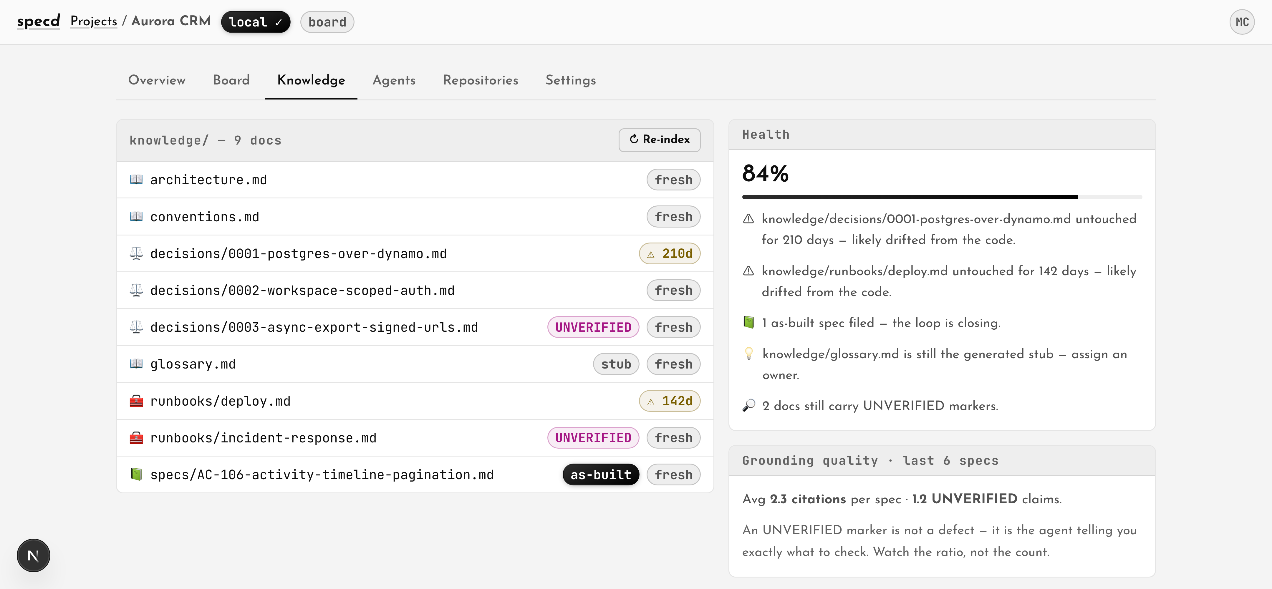The knowledge view: indexed documents from the repository with a health score and staleness flags.